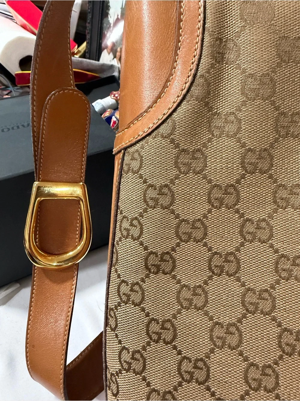 Gucci Brown GG Canvas Messenger Bag with Tan Leather and Gold pics for details